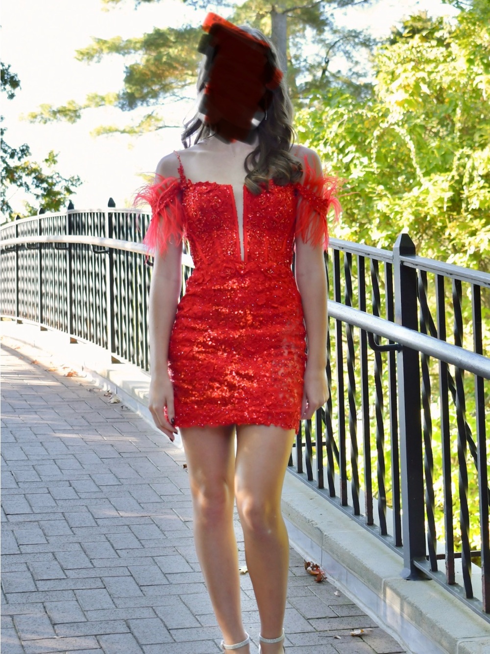 Sherri Hill Red Sequin Off-Shoulder Mini Dress with Feather Trim
